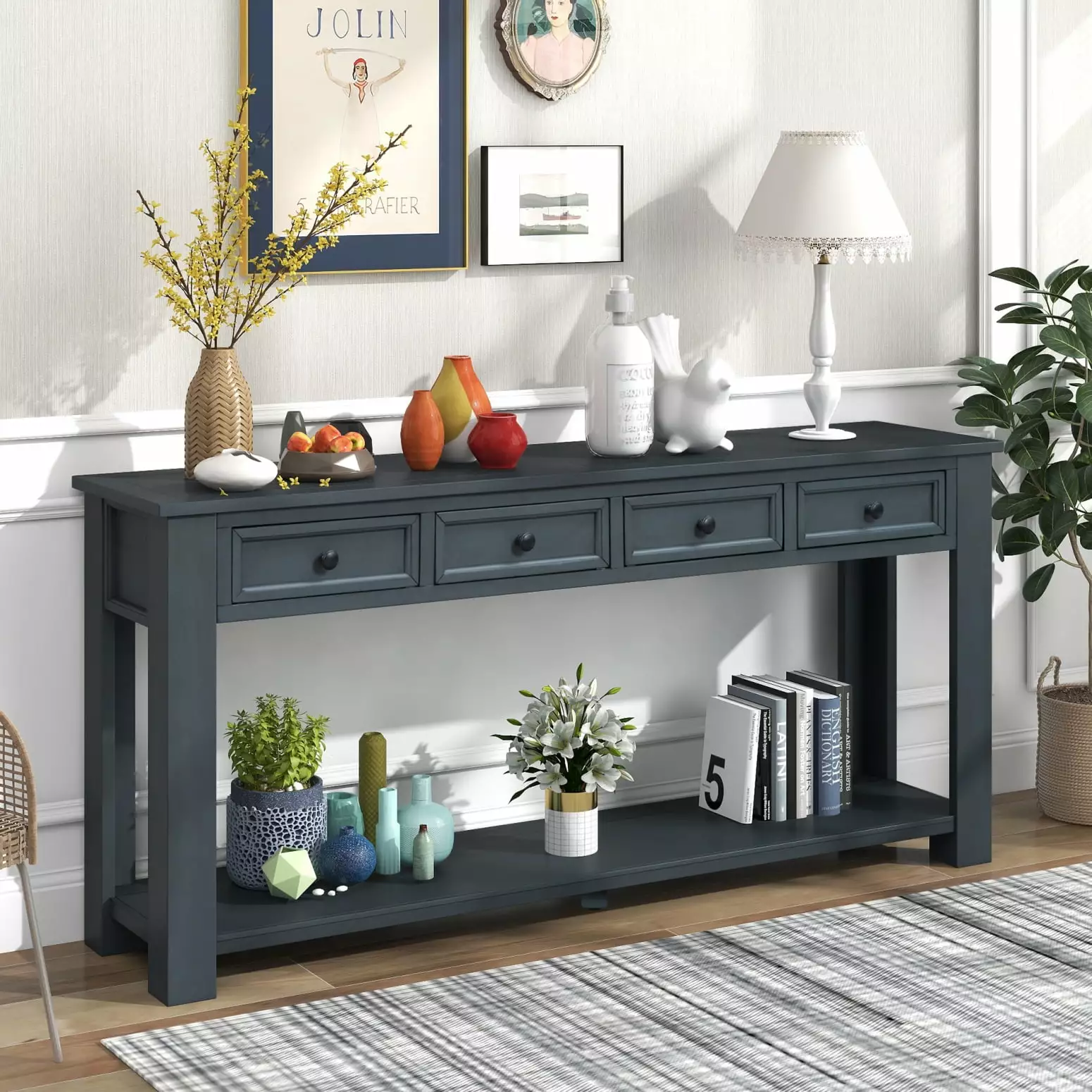 Navy Console Table Storage Drawers and Bottom Shelf Solid Wood Rustic Chic Entryway Furniture Console Ponnky