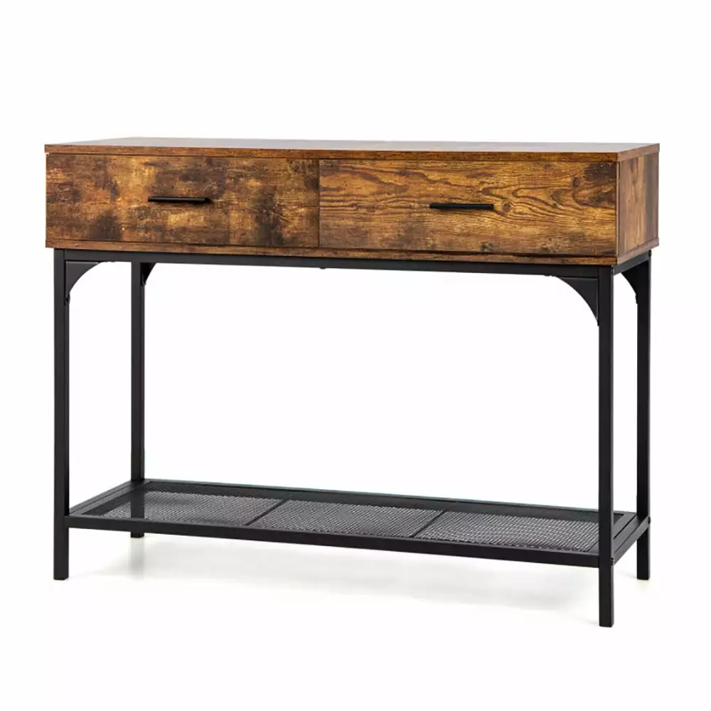 Resenkos Rustic Brown Console Table 2 Drawers and Shelves Living Room Entryway Console