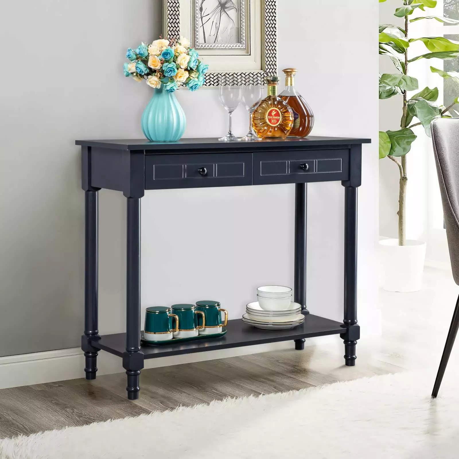 SalonMore Antique Navy Blue Console Table 2 Drawers Bottom Shelf Living Room Console