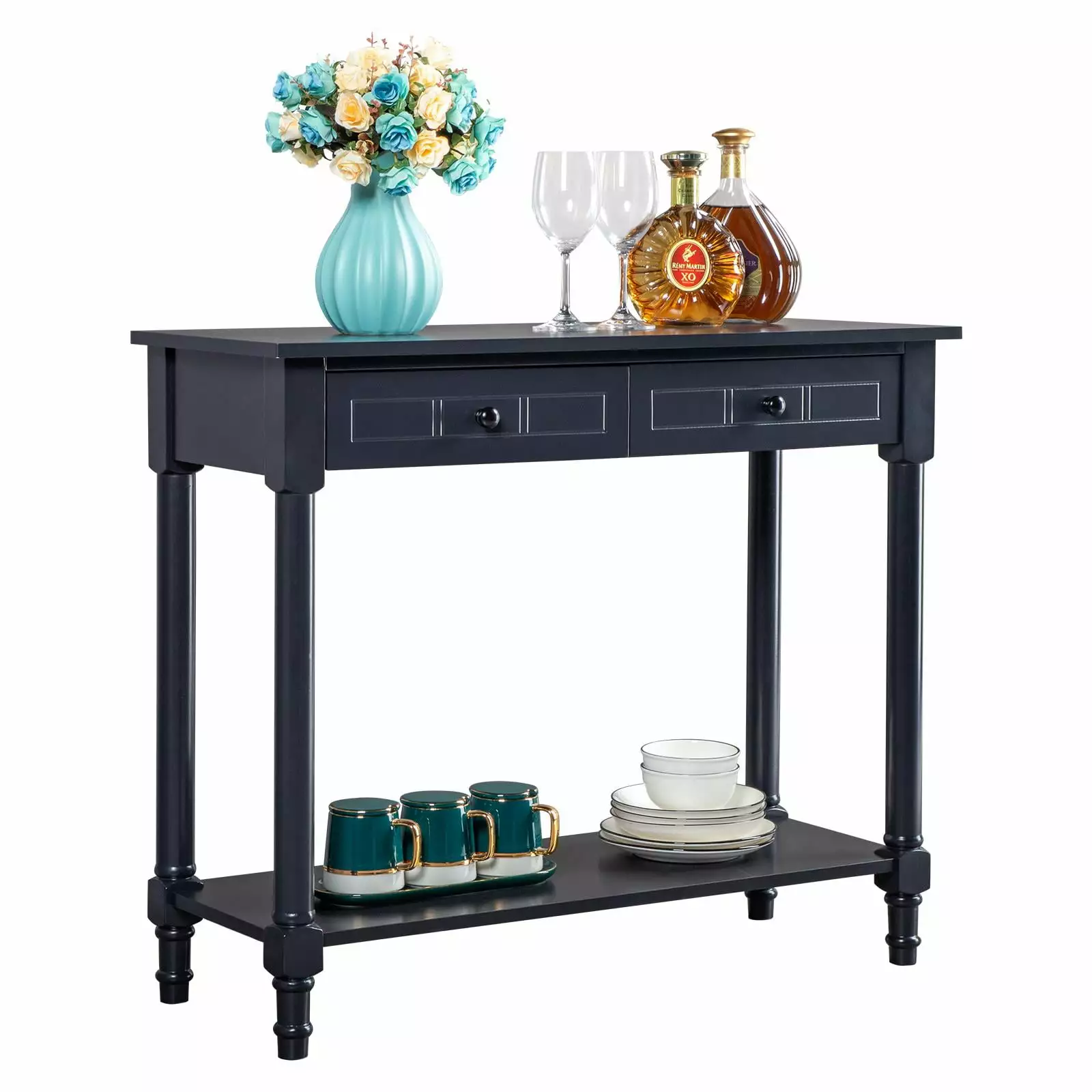 Navy Blue Console Table Entryway Sofa Table 2 Drawers and Bottom Shelf Living Room Storage Console SamyoHome