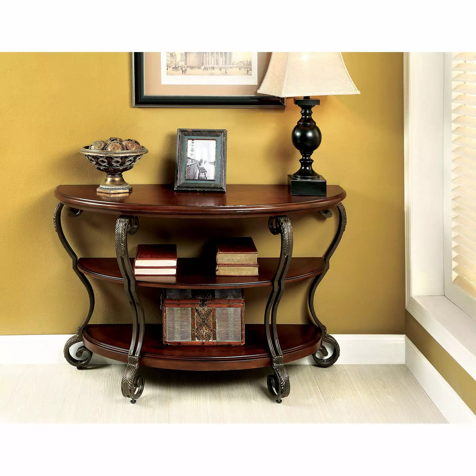 Simple Relax Wooden Sofa Table Metal Frame Brown Cherry Finish Console Table Console