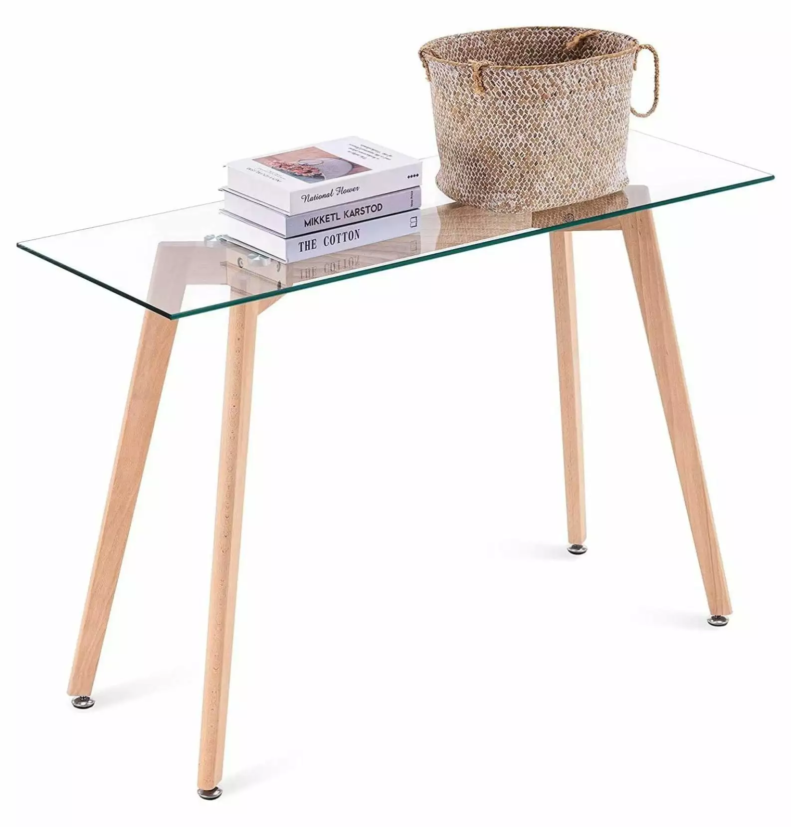 Superwum Glass Console Table Solid Wood Legs Modern Entryway Console