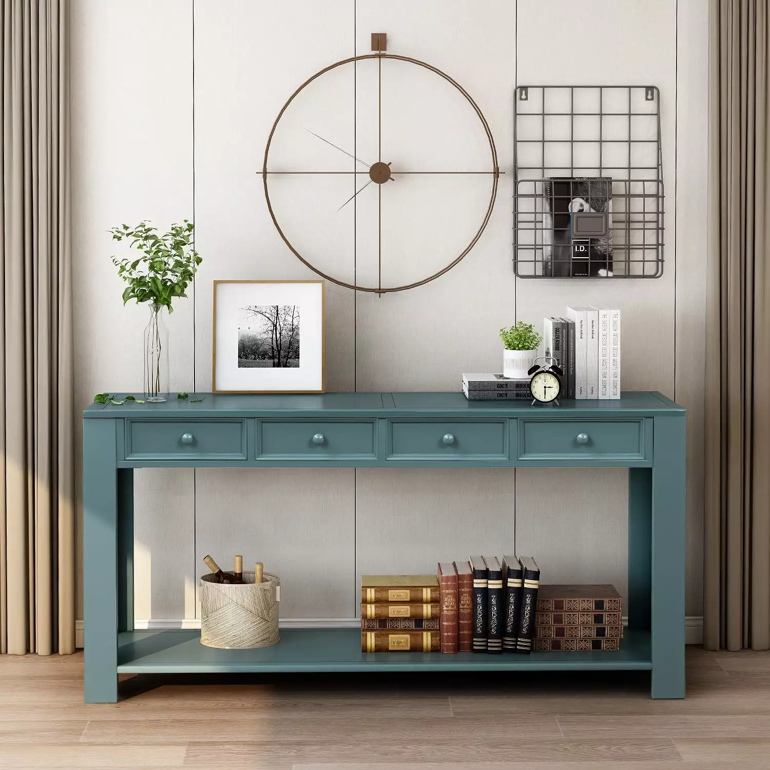 Tenozek Console Table Entryway Hallway 64 Long Sofa Table 4 Drawers and Bottom Shelf Dark Blue Console
