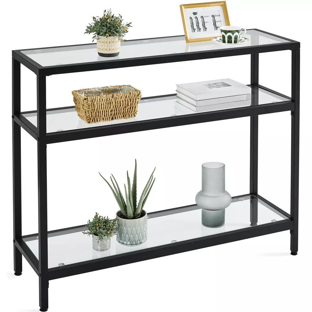 Topeakmart 3-Layer Tempered Glass Console Table Metal Frame and Storage Shelf Black Console