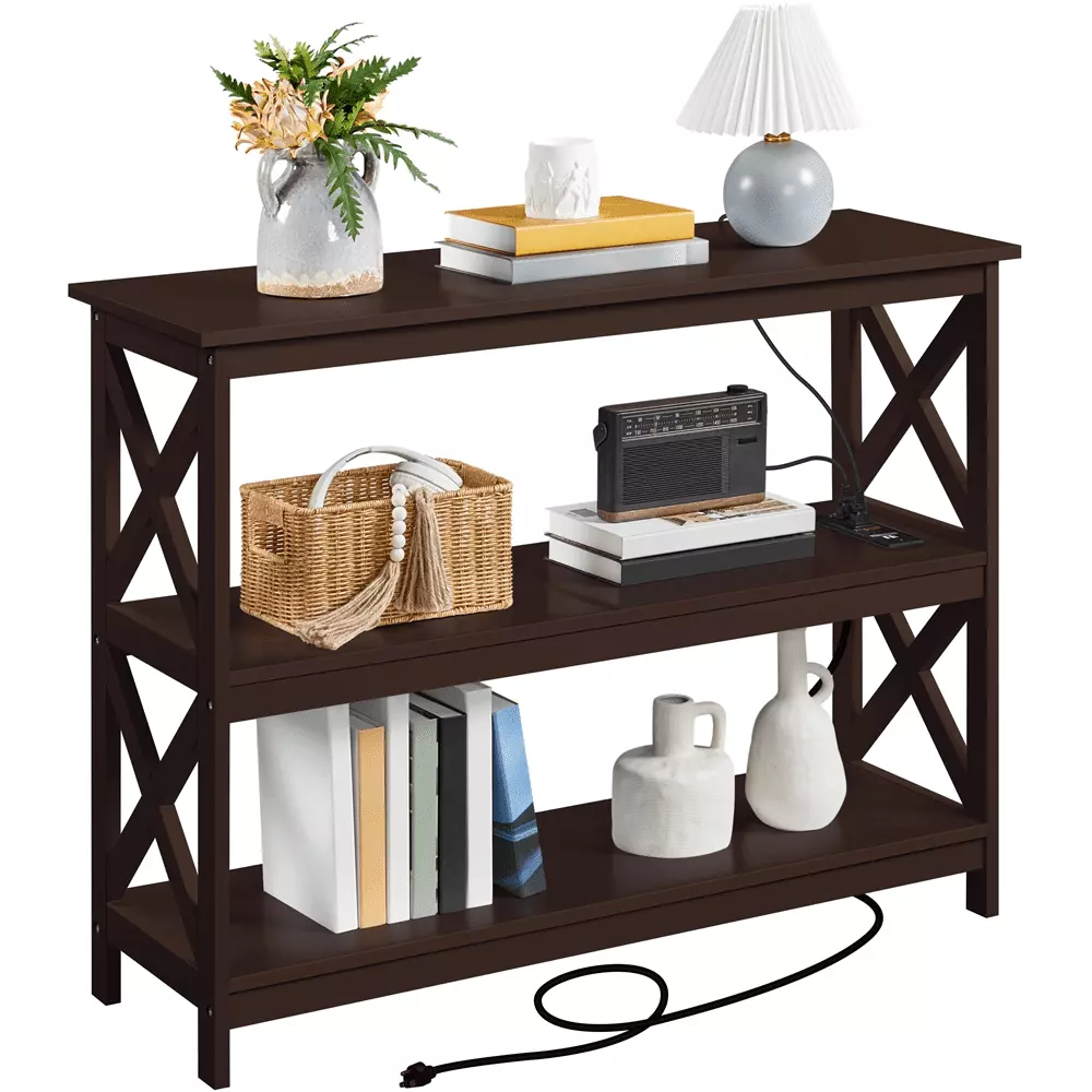 Topeakmart 3-Tier Espresso Wooden Console Table Built- Power Outlet Living Room Console