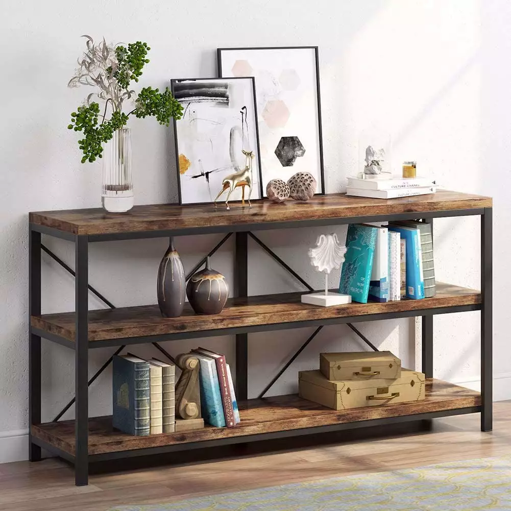 Rustic Console Sofa Table 3 Tiers Industrial Narrow Long Shelves 55 Inch Console TribeSigns