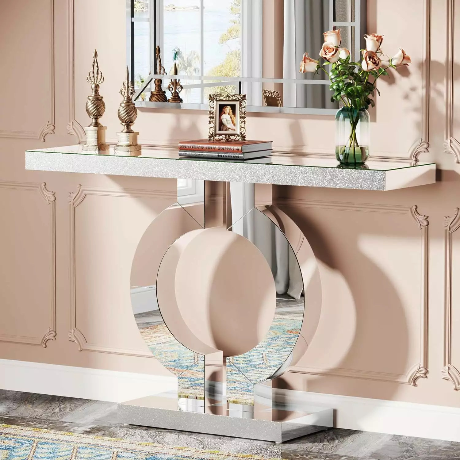 Tribesigns 43-Inch Modern Silver Glass Console Table Mirror Finish and O-Shaped Base Console