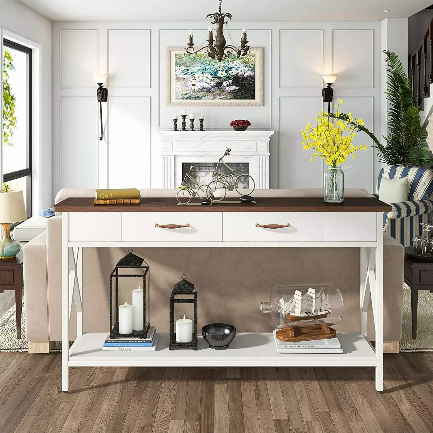 Tribesigns 70.9 Inch Extra Long Console Table 2 Drawers and Storage Shelves Living Room Entryway Console