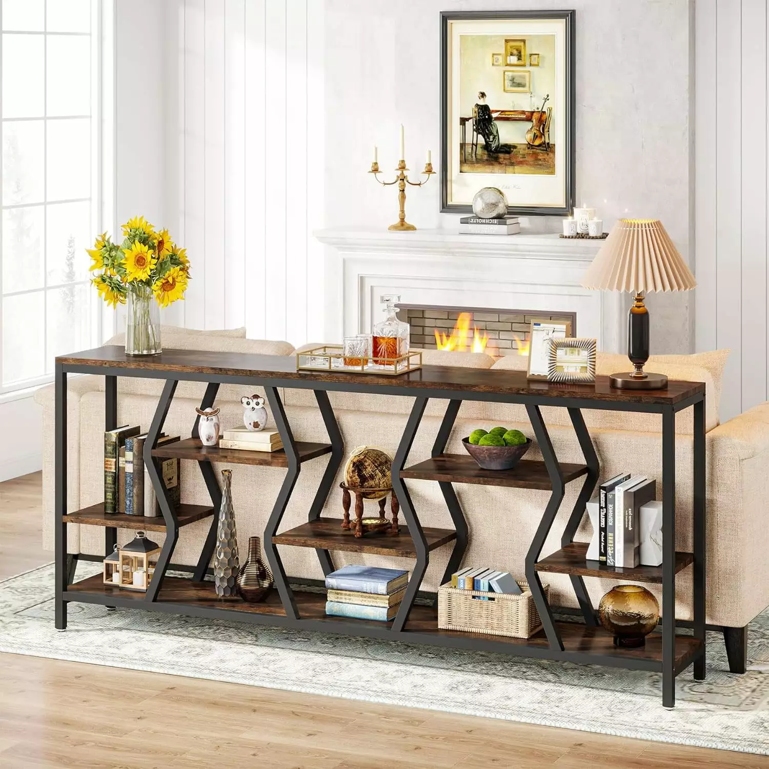 Tribesigns 70.9 Inches Extra Long Sofa Table Industrial Wood Console Table 4 Tier Shelves Console