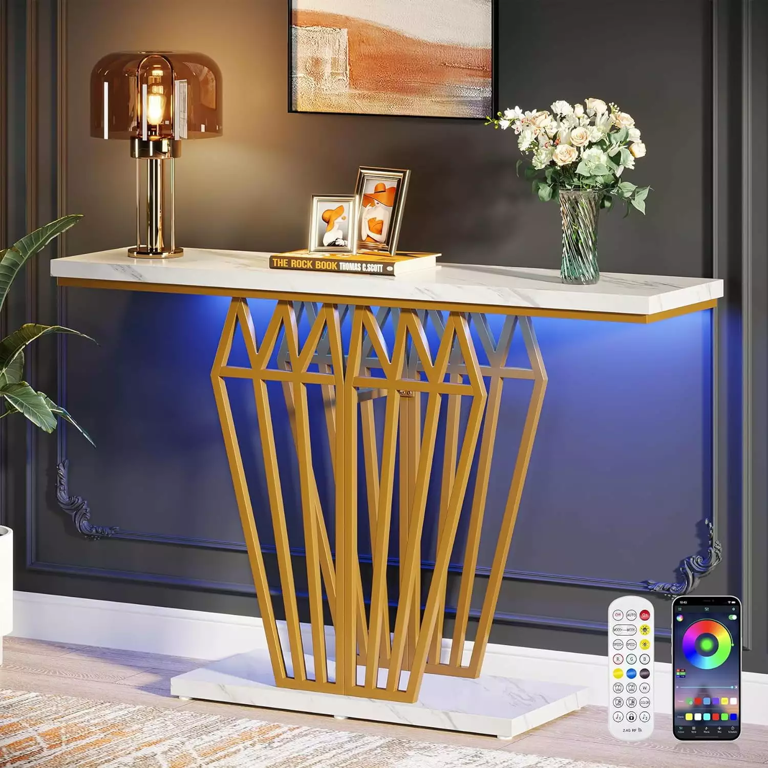 Tribesigns Faux Marble Console Table LED Lights 47.24-Inch Narrow Entryway Table Console