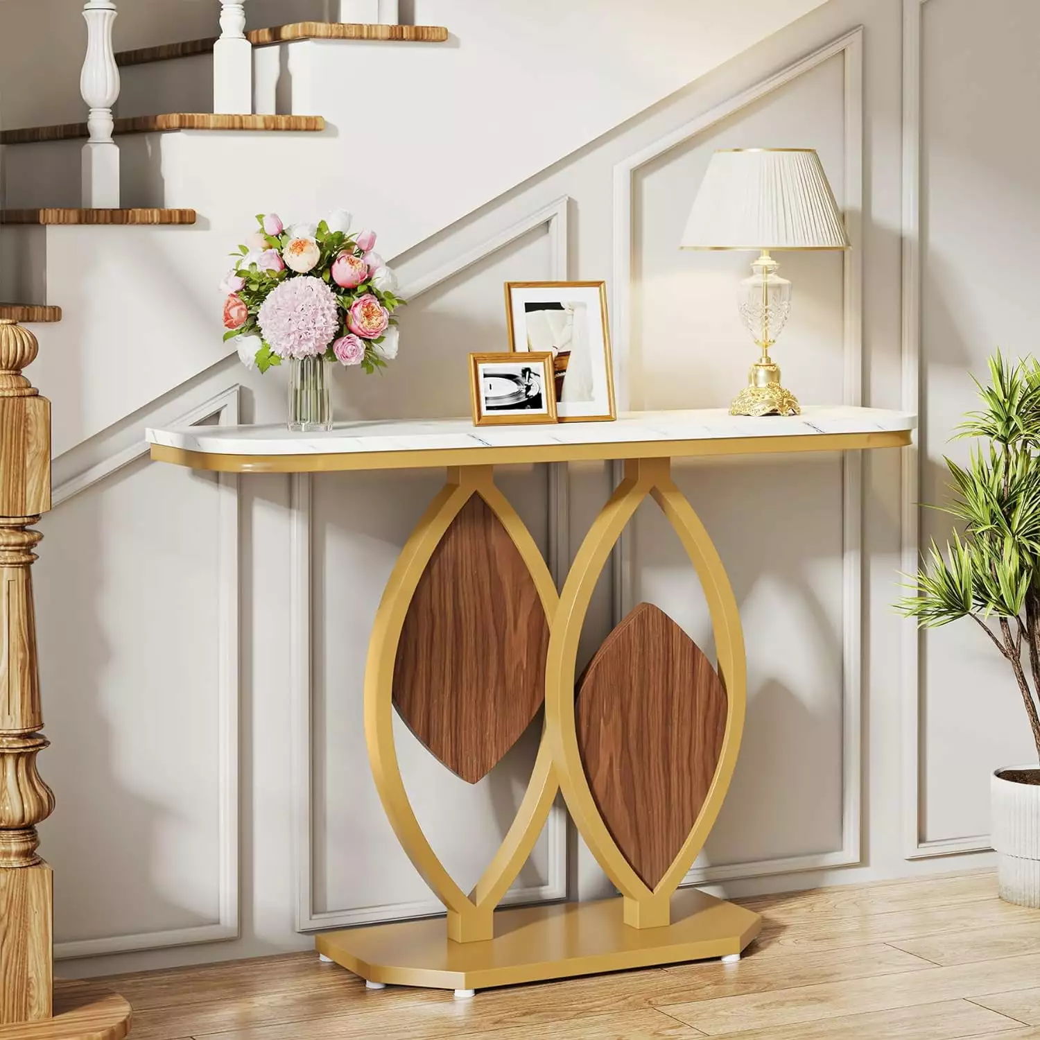 Tribesigns Gold Console Table 41 Inch Modern Entry Table White Faux Marble Top Console