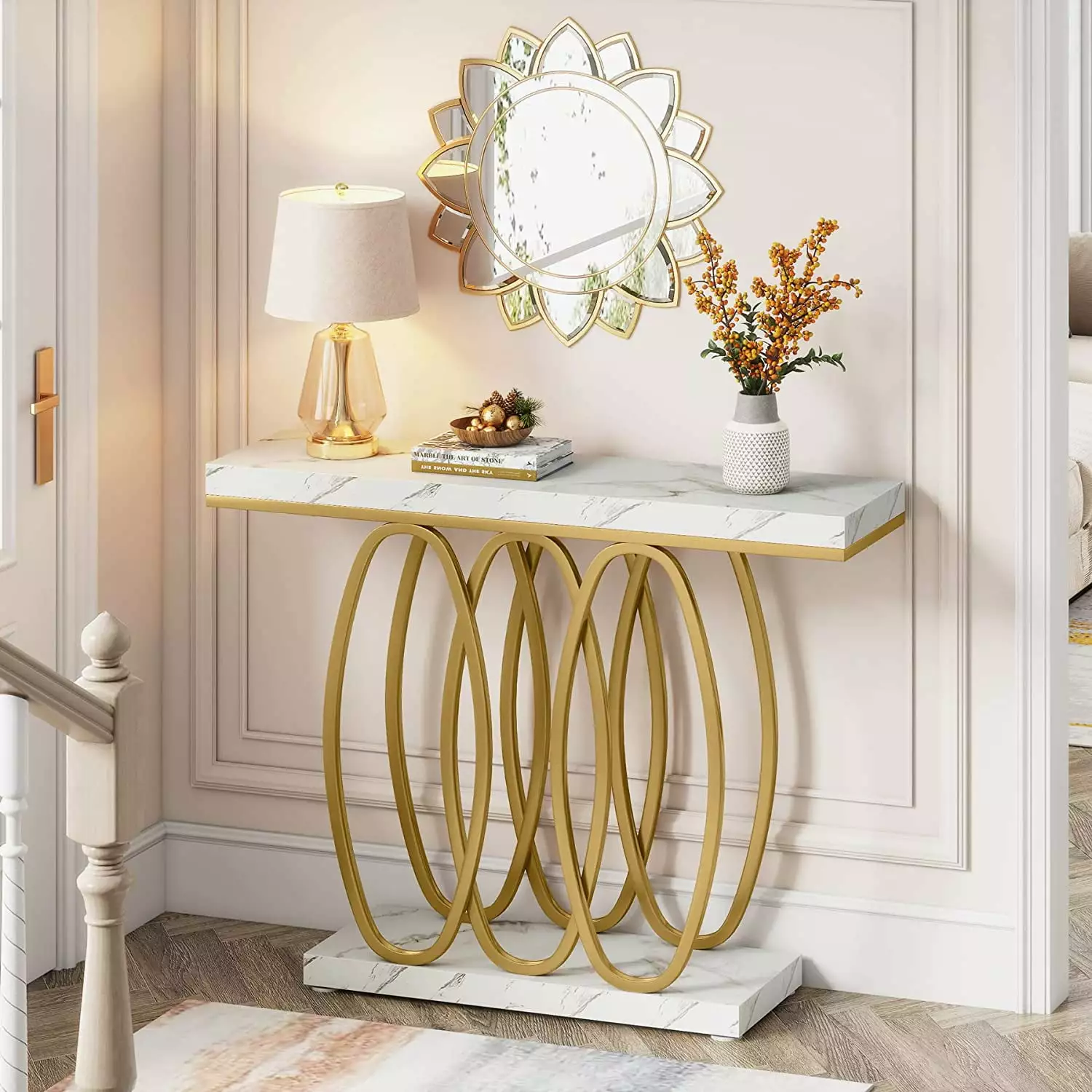 Tribesigns White Gold Console Table Modern Entry Table Gold Legs Faux Marble Top Console