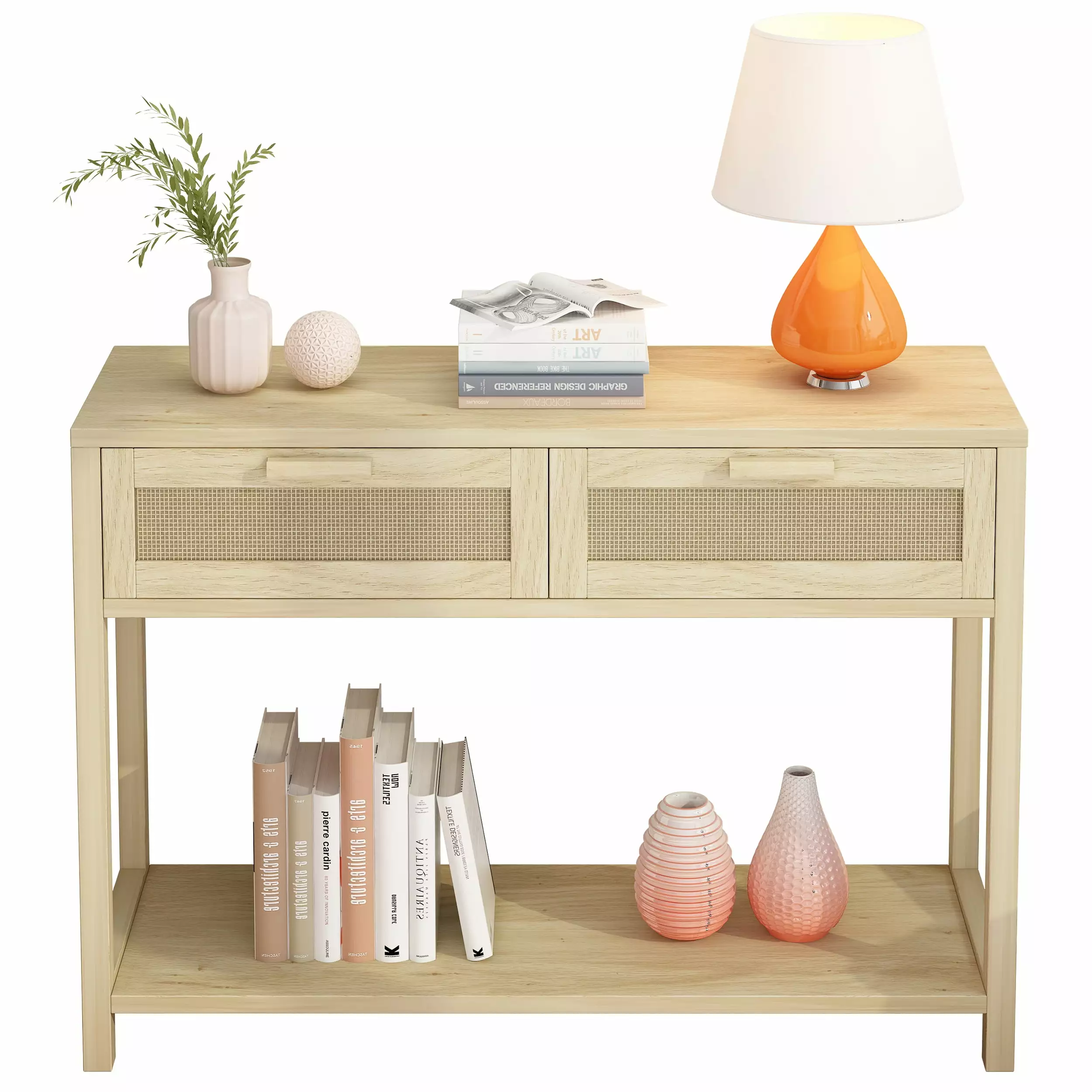 UBesGoo 2-Drawer Natural Rattan Console Table Shelf Entryway or Living Room Console