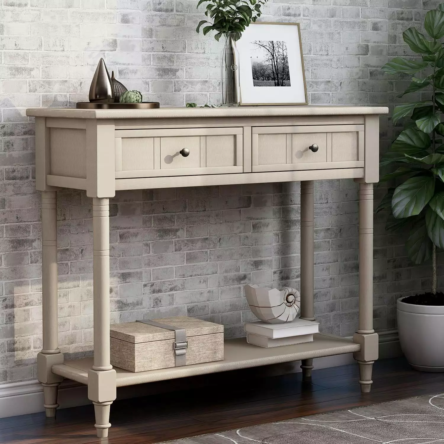 UBesGoo Wooden Console Table 2 Drawers Shelf Grey Sideboard Storage Cabinet Console