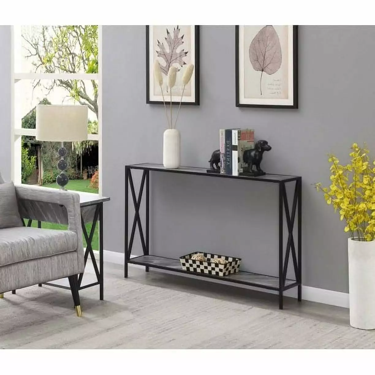 UBesGoo X-Design Entryway Console Table Gray Finish Sofa Side Table Storage Shelves Living Room Console