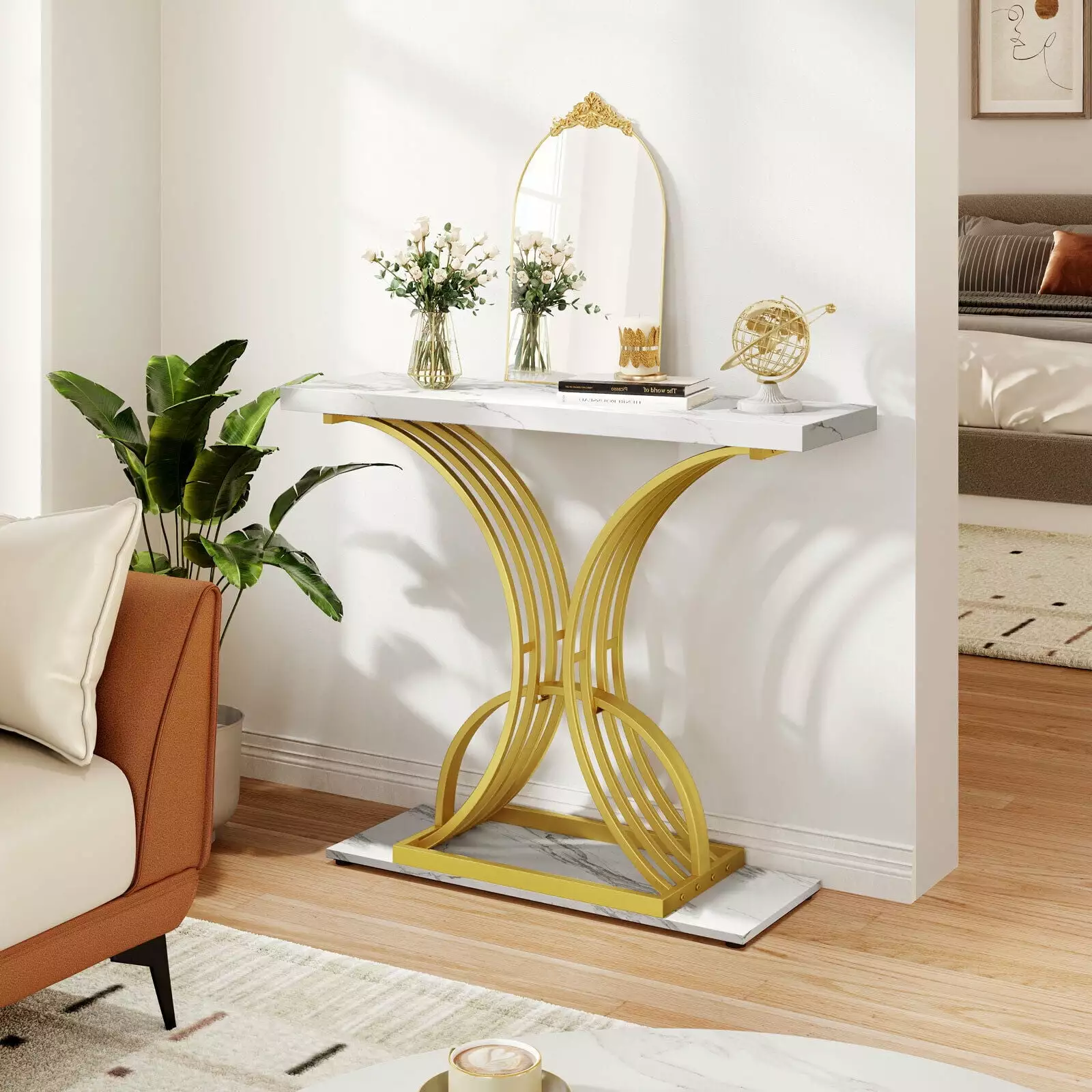 39-Inch Modern White Faux Marble Console Table Entryway and Living Room Console UNBRAND