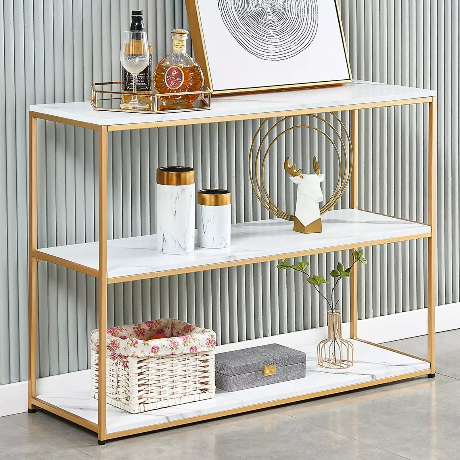 UWR-Nite 3-Tier Console Table Gold Sofa Entry Table Faux Marble Top and Metal Frame Console