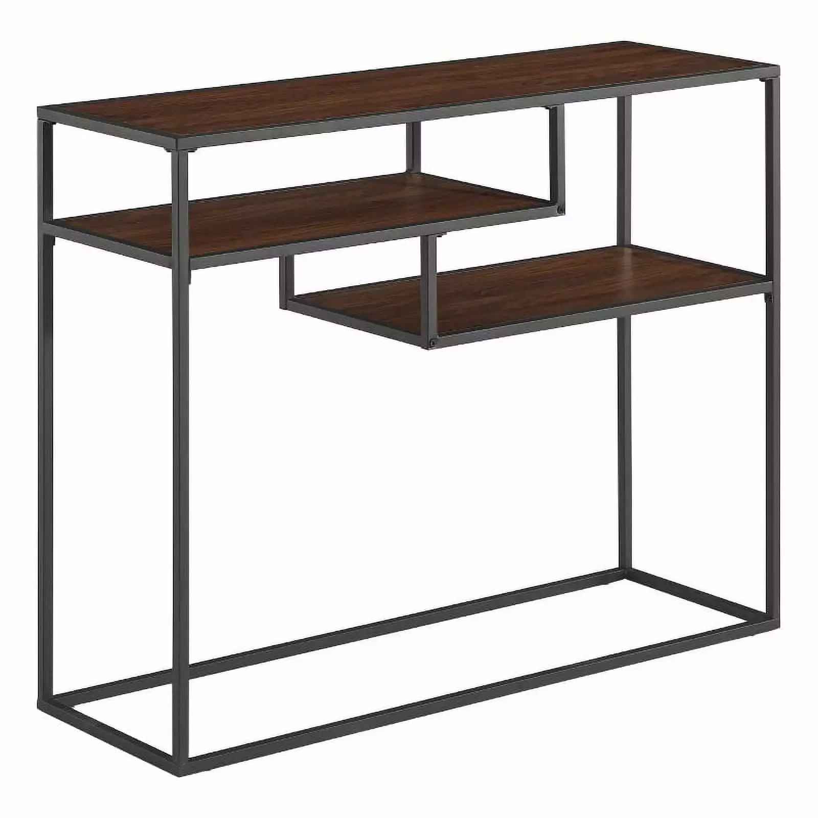 42 Inch Metal and Wood Tiered Shelf Entry Table Dark Walnut Black Finish Console Walker Edison