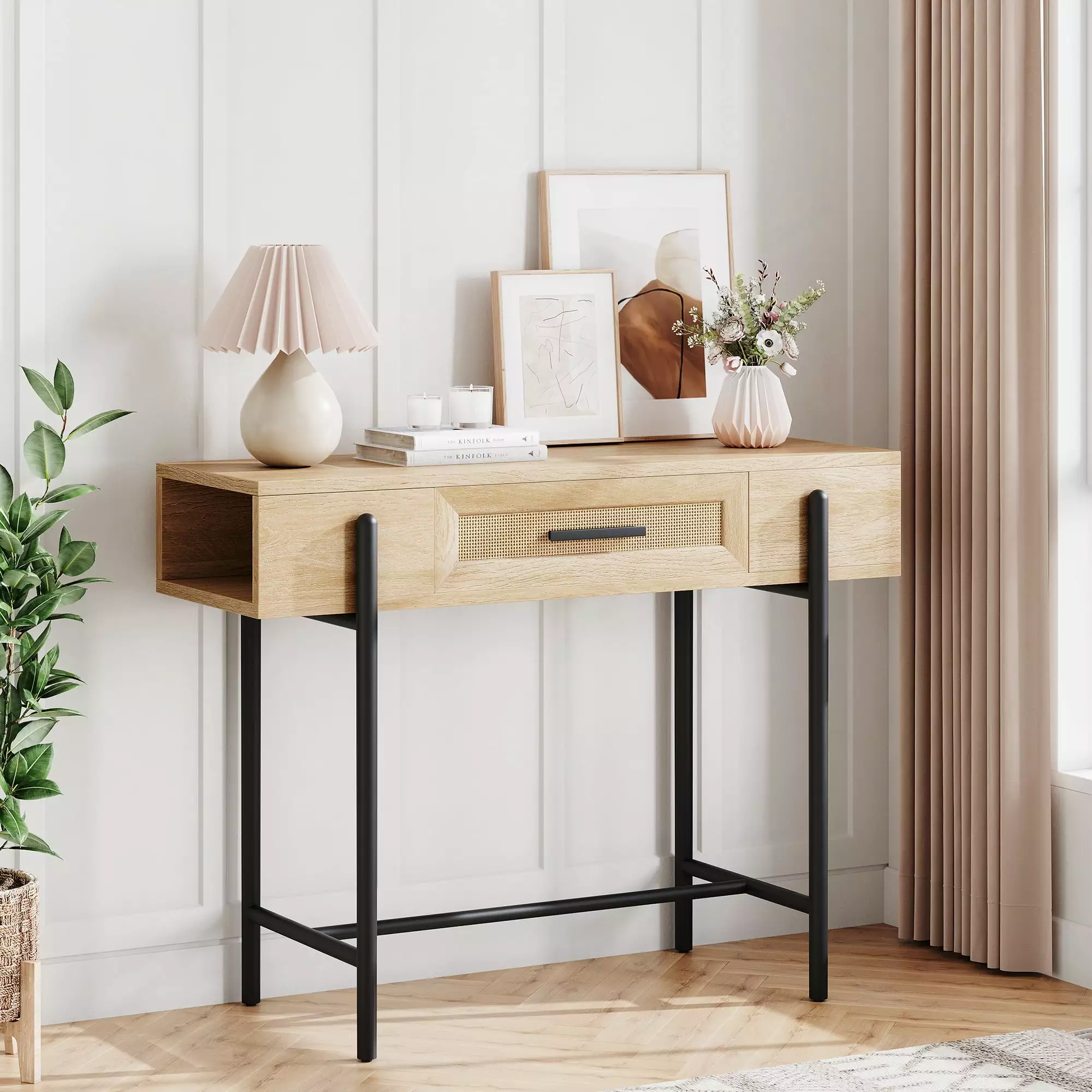 WhizMax Rattan Console Table Drawer and Storage 40 Inch Behind Couch Boho Desk Living Room Console
