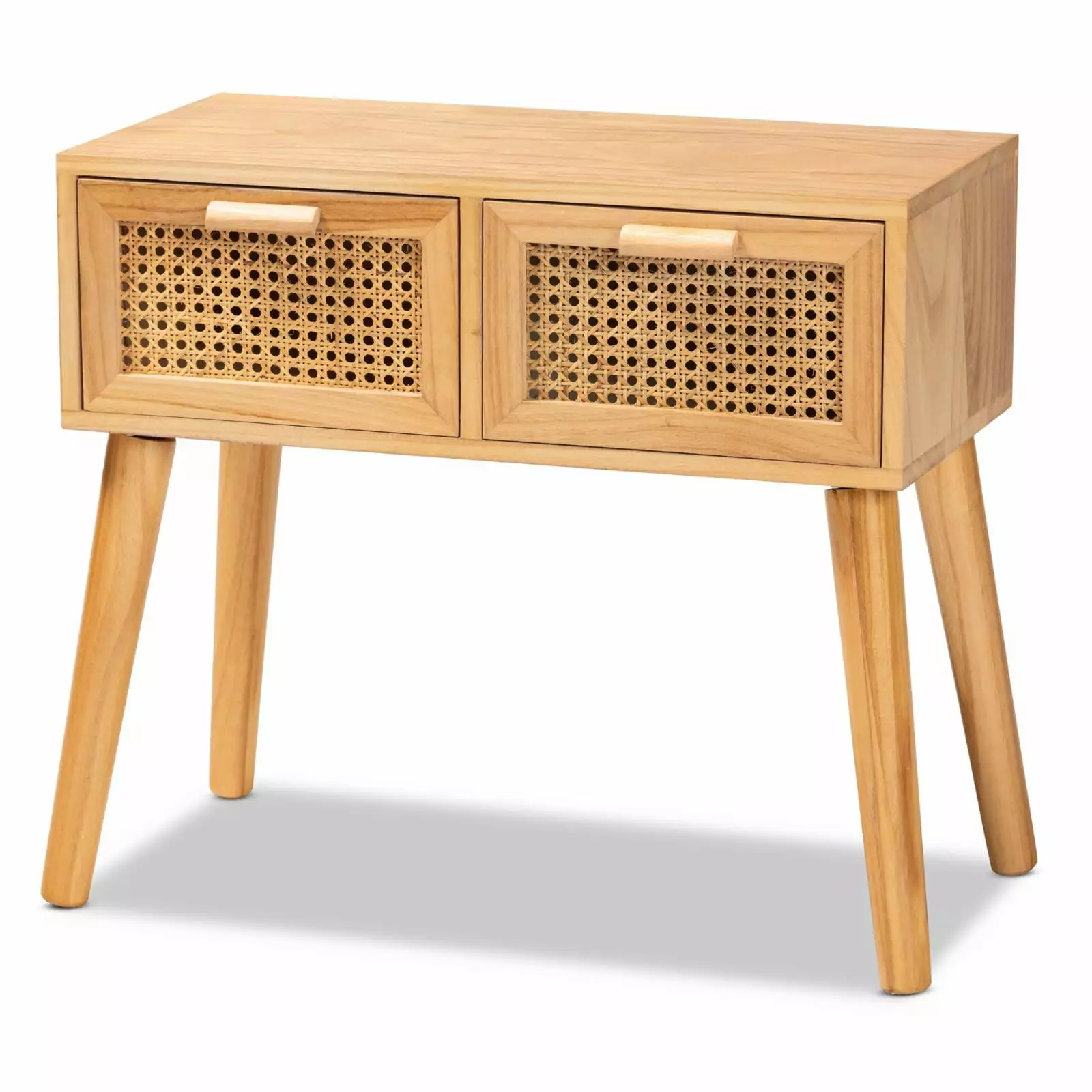 Baxton Studio Falan Mid-Century Modern Oak Brown Finished Wood 2-Drawer Console Table Rattan Console Wholesale Interiors