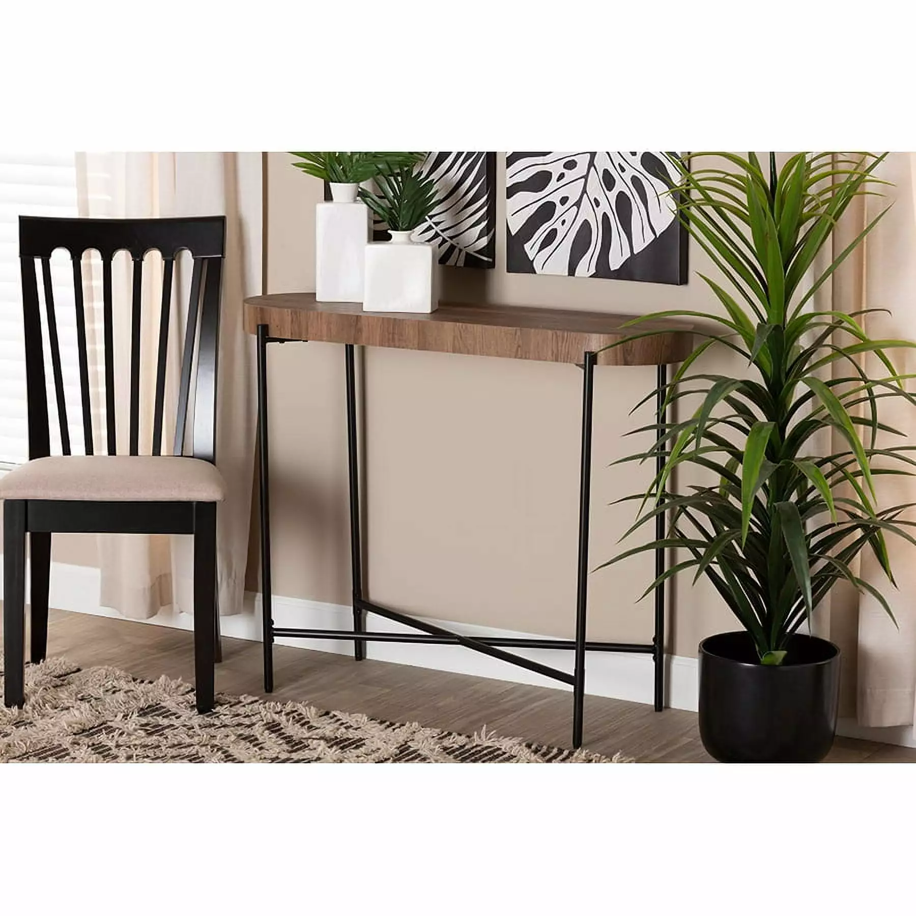 Baxton Studio Savion Modern Industrial Walnut Brown Wood and Black Metal Console Table Console Wholesale Interiors