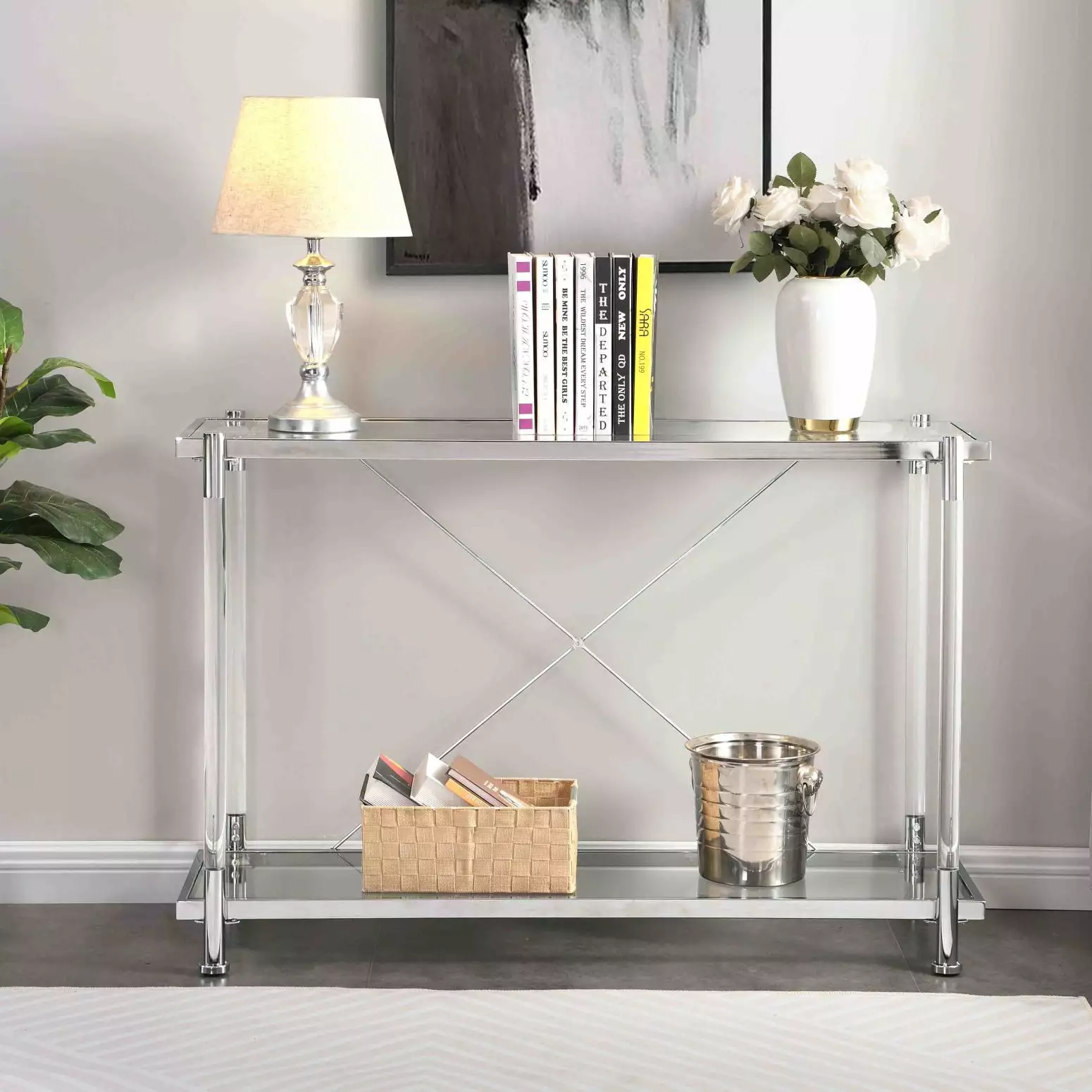 43.31 Inch Chrome Glass Sofa Table Golden Metal Frame Living Room and Bedroom Console Wodine