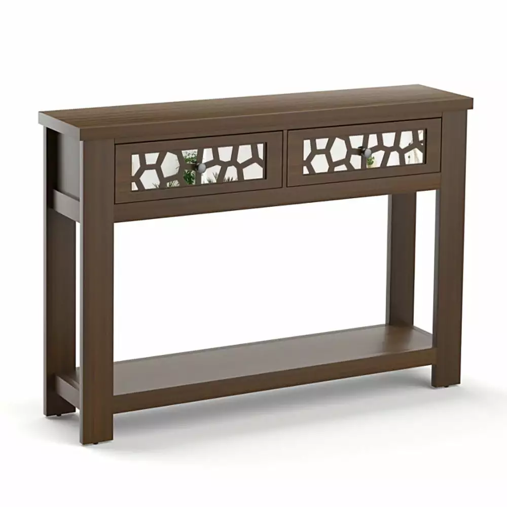 YYAo 2-Tier Console Table Drawers and Open Storage Shelf Brown Entryway Sofa Table Display Shelf Console