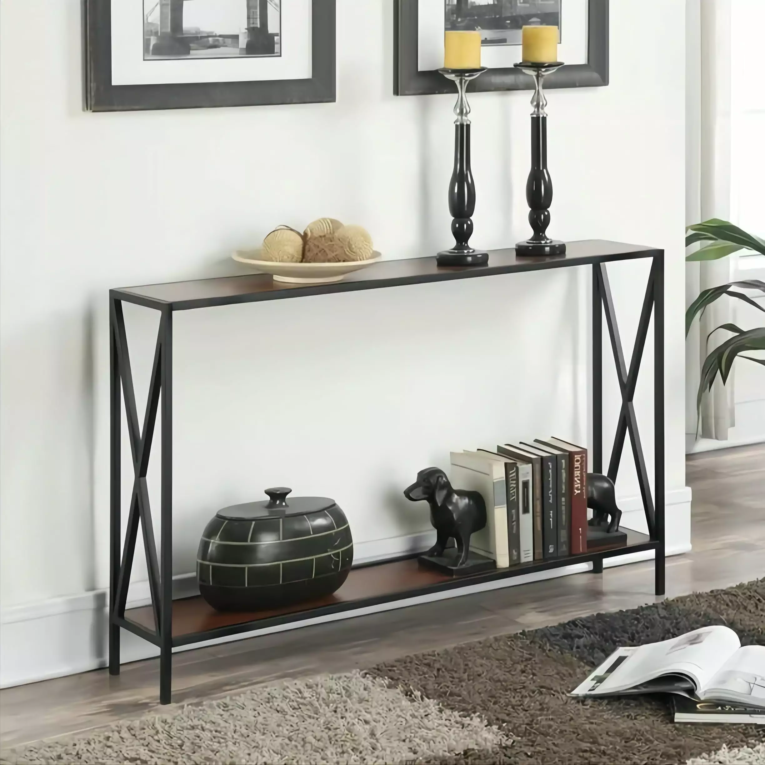 Zimtown Reddish Brown Metal Frame Console Table Living Room Console