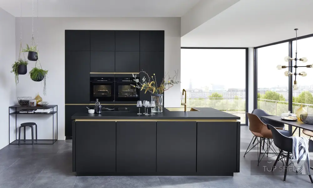 nobilia single-line kitchen cooking island Touch 340 onyx supermatt 250 x 110 + 240 cm golden handle strips