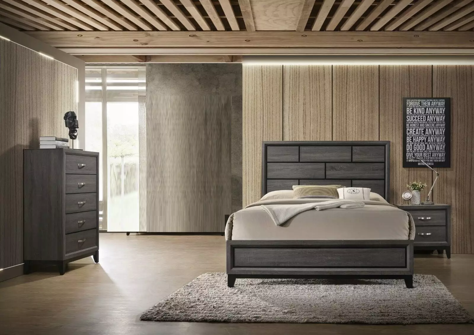 Contemporary 3pc Twin Size Bedroom Set Bed, Chest, and Nightstand - Gray Finish Wooden Furniture Esofastore