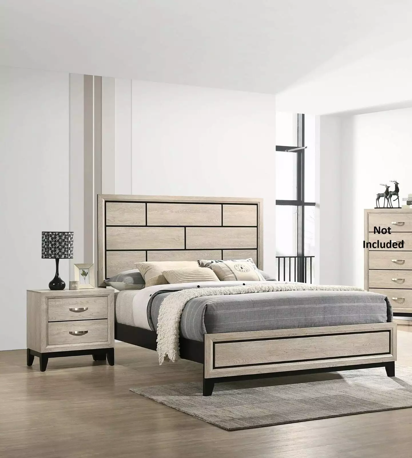 Contemporary Style 3pc Queen Size Low-Profile Bed 2 Nightstands - Beige Finish Bedroom Furniture Set Esofastore