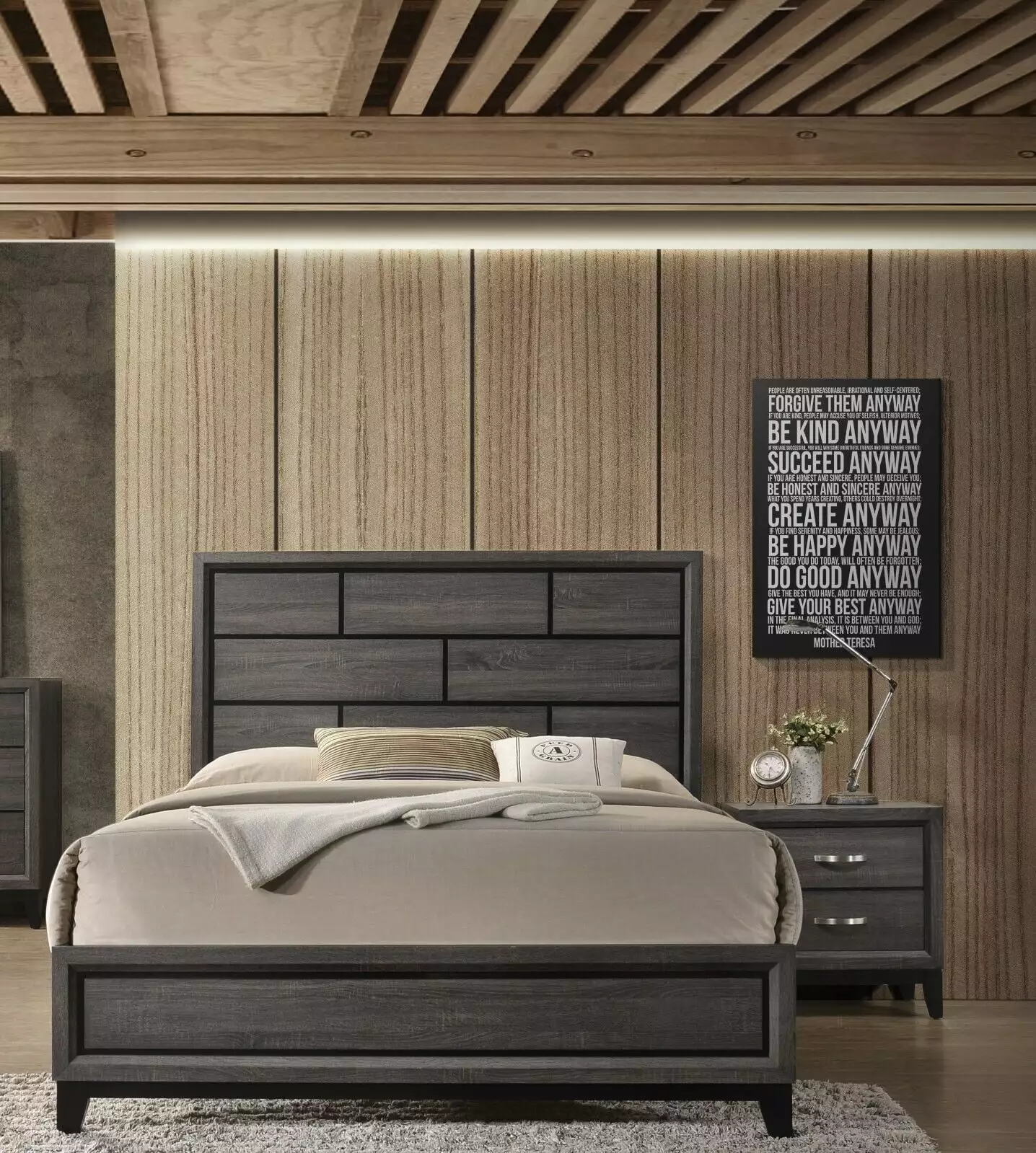 Contemporary Style 3pc Queen Size Panel Bed 2 Nightstands - Gray Finish Bedroom Furniture Set Esofastore