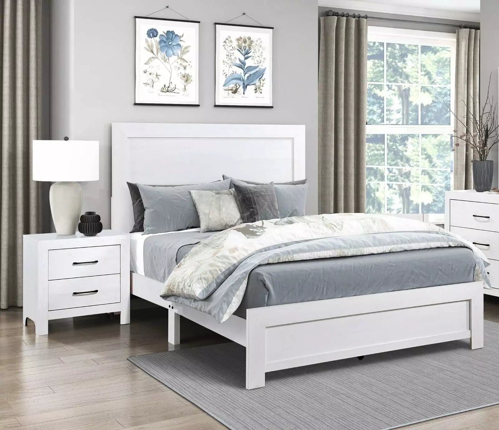 Contemporary Twin Bed and Two Nightstands Set - 3pc Modern White Bedroom Furniture Esofastore