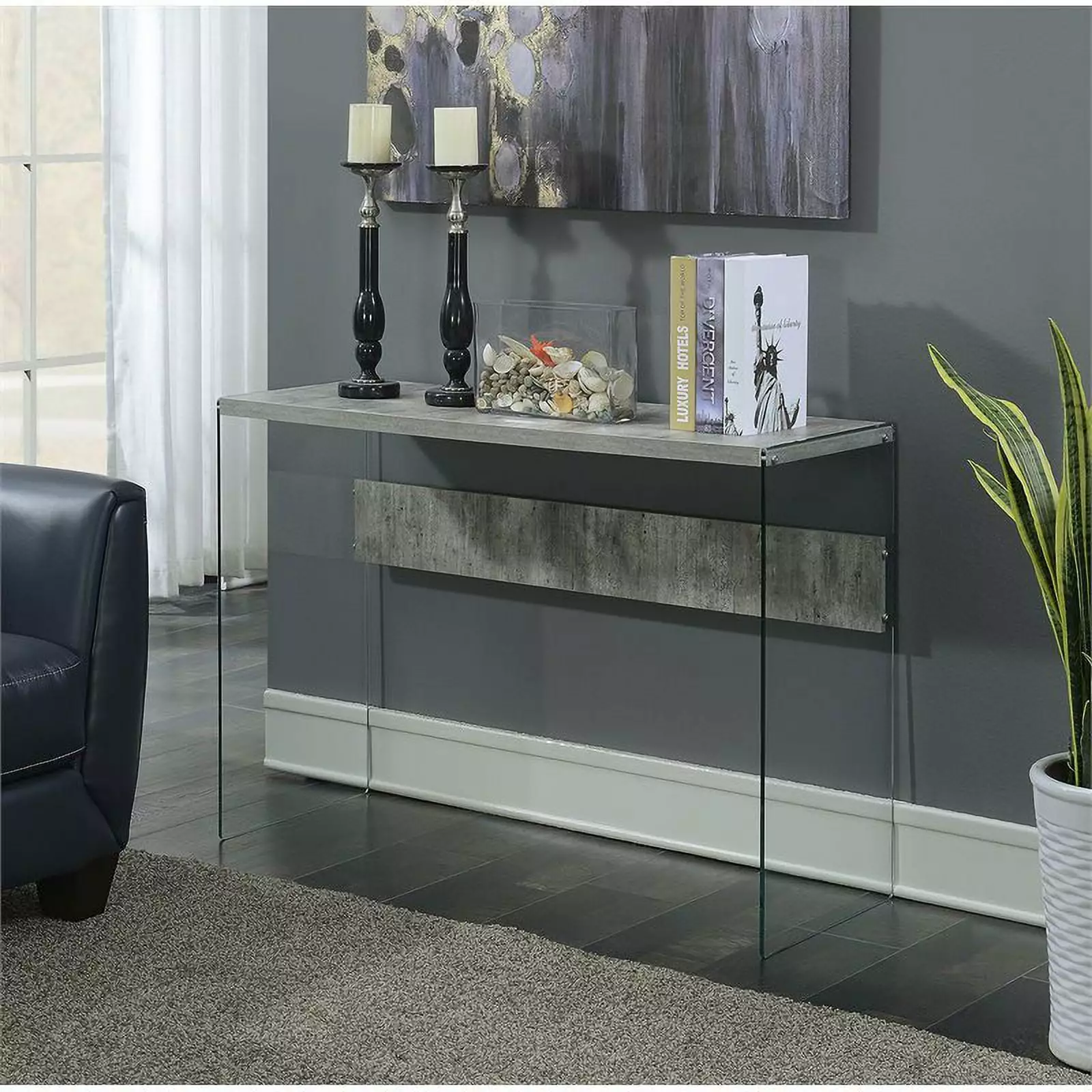 Pemberly Row Contemporary Console Table Gray Faux Birch Wood Finish Glass Top Console