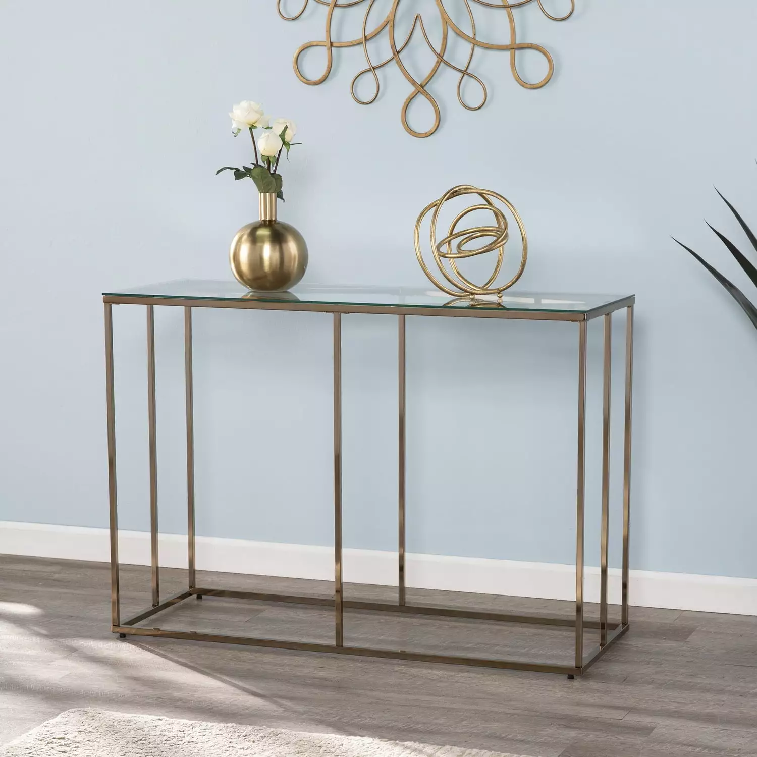 SEI Furniture Nicholance Contemporary Glass-Top Console Table Champagne Console Southern Enterprises