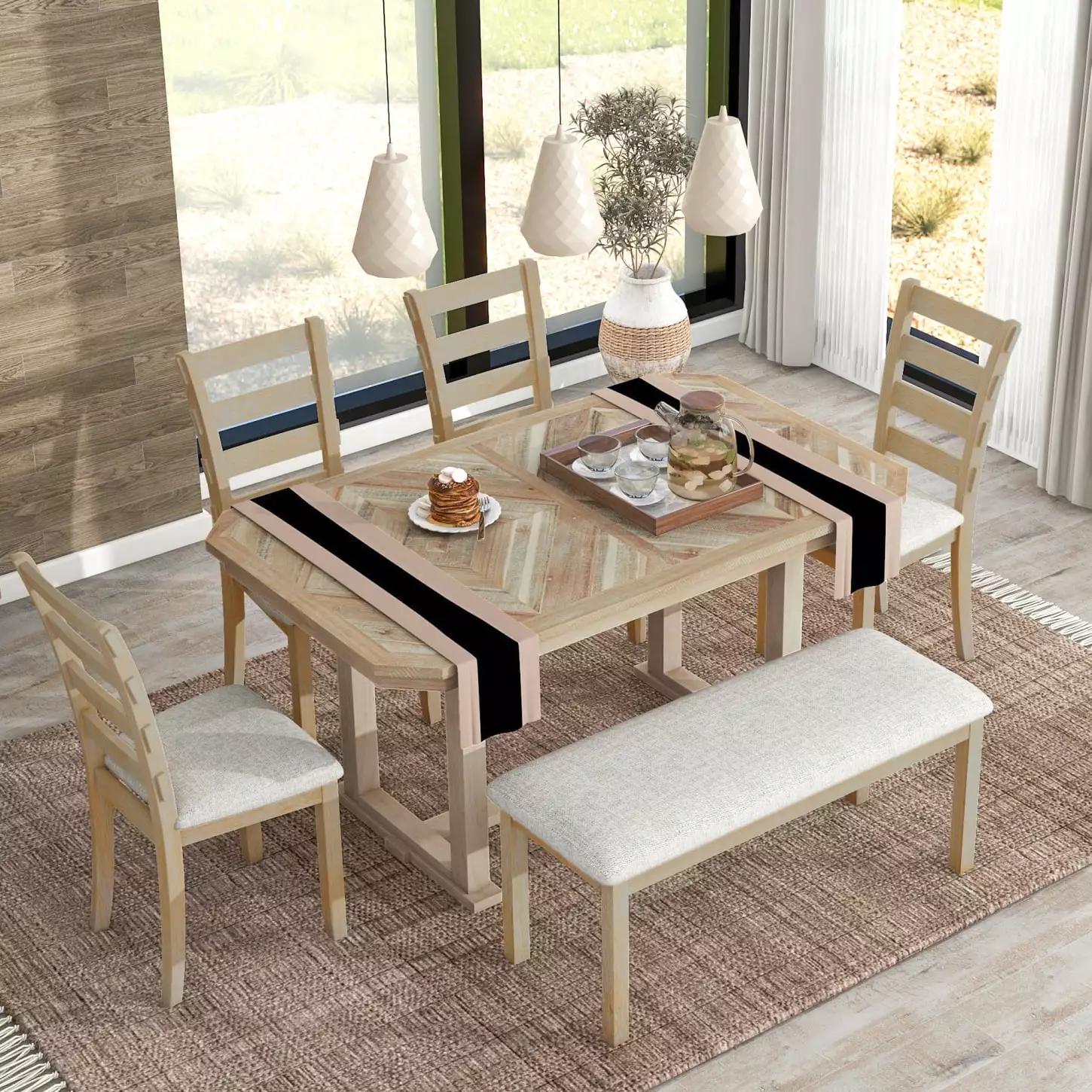 Versatile 6-Piece Dining Table Set Rubber Wood Clear Grain Pattern and Bench Benches HATNOKIL