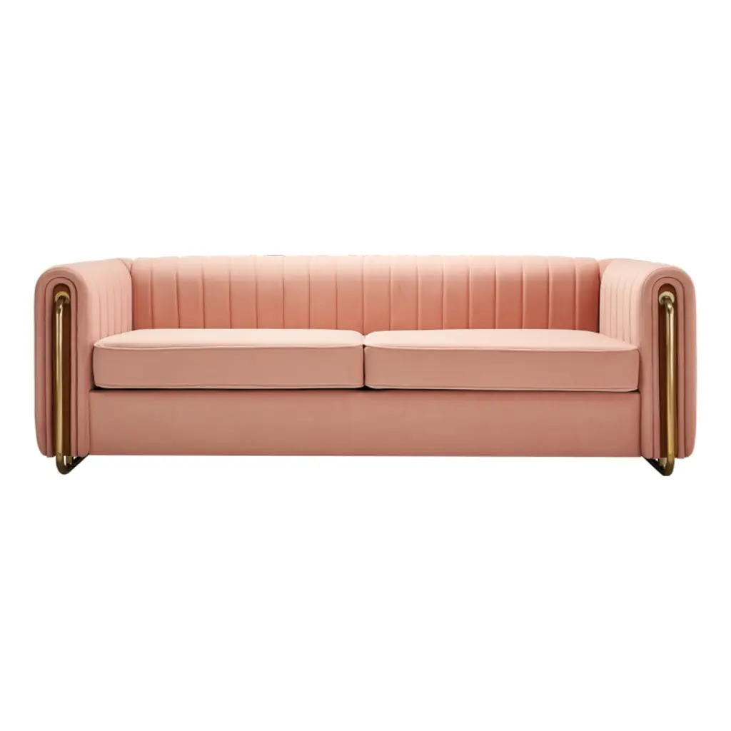 Contemporary 84.25W Pink Velvet Sofa Deep Channel Tufting and Gold Legs HATNOKIL