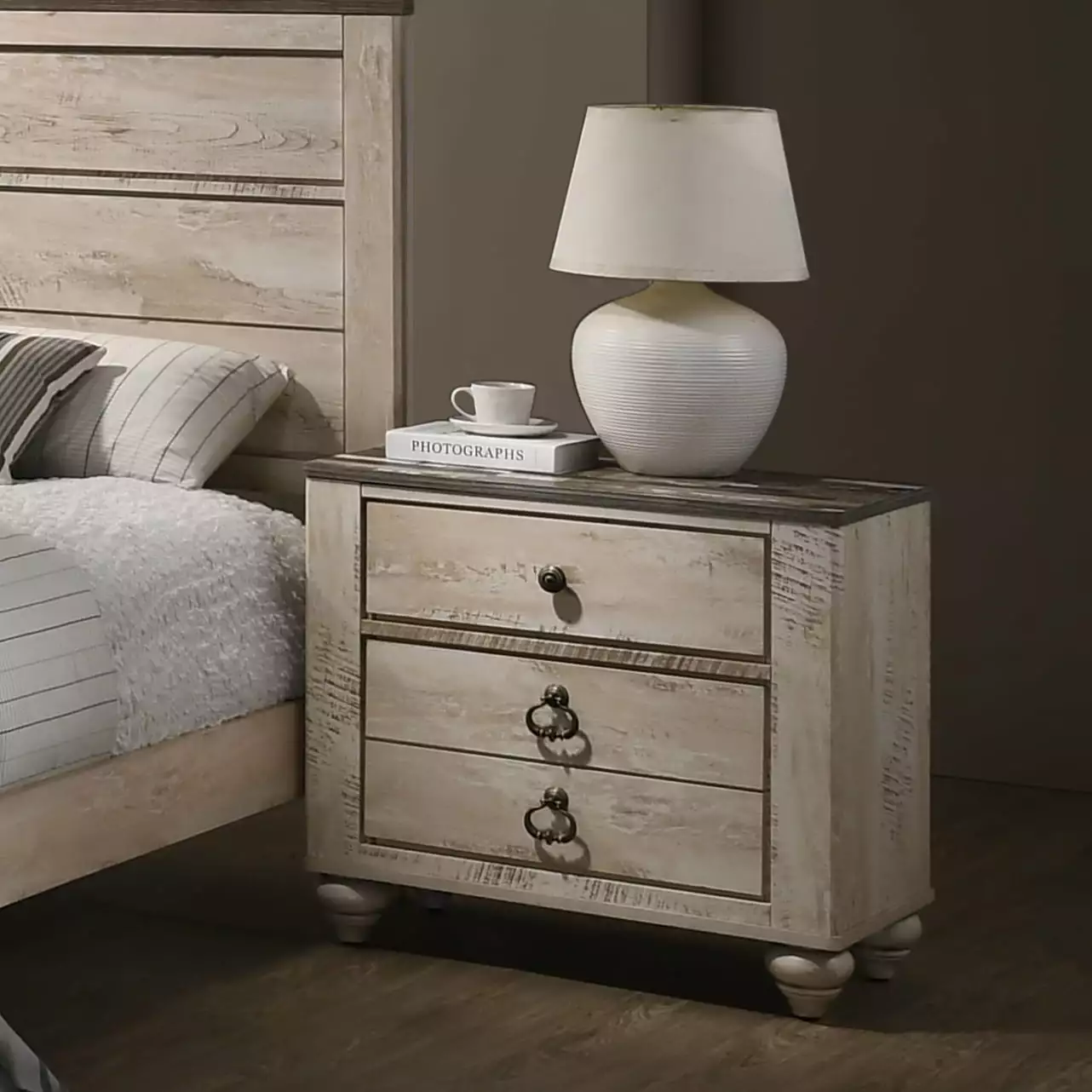 Roundhill Imerland Contemporary White Wash Finish Patched Wood Top 3-drawer Nightstand Roundhill Furniture