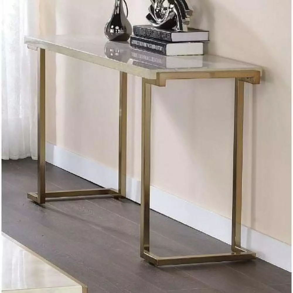 Goldmeet ACME Boice II Sofa Table Faux Marble Top Champagne Finish Living Room Console