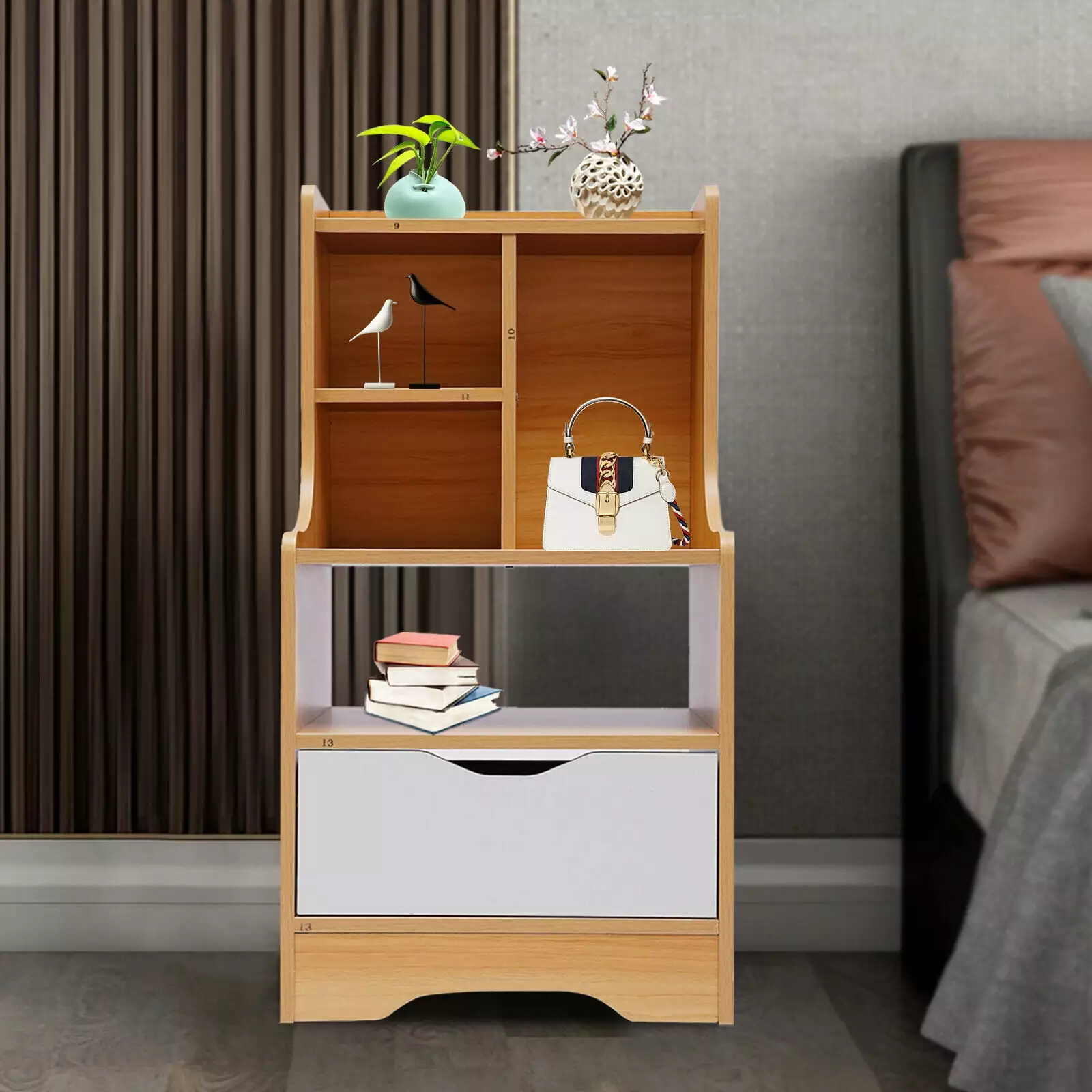 Mkyiongou Bedside Table - Walnut Storage Display Stand 33lbs Load Capacity