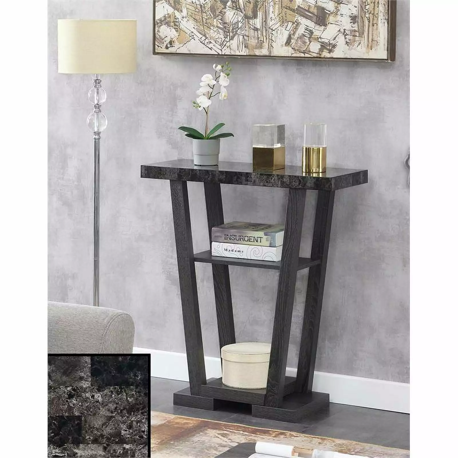 Pemberly Row Contemporary V Console Table Gray Wood Faux Marble Top Entryway Furniture Console