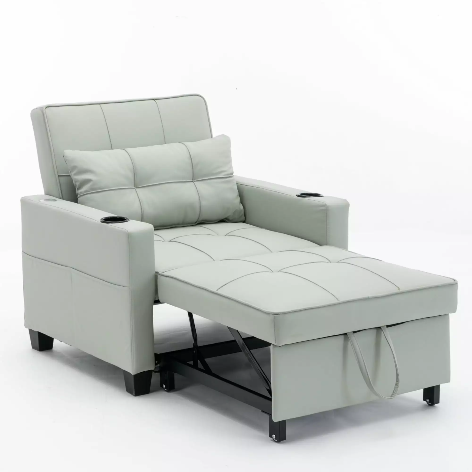 3--1 Green Leather Futon Chair Bed Convertible Sleeper USB Ports Futons SNAILF