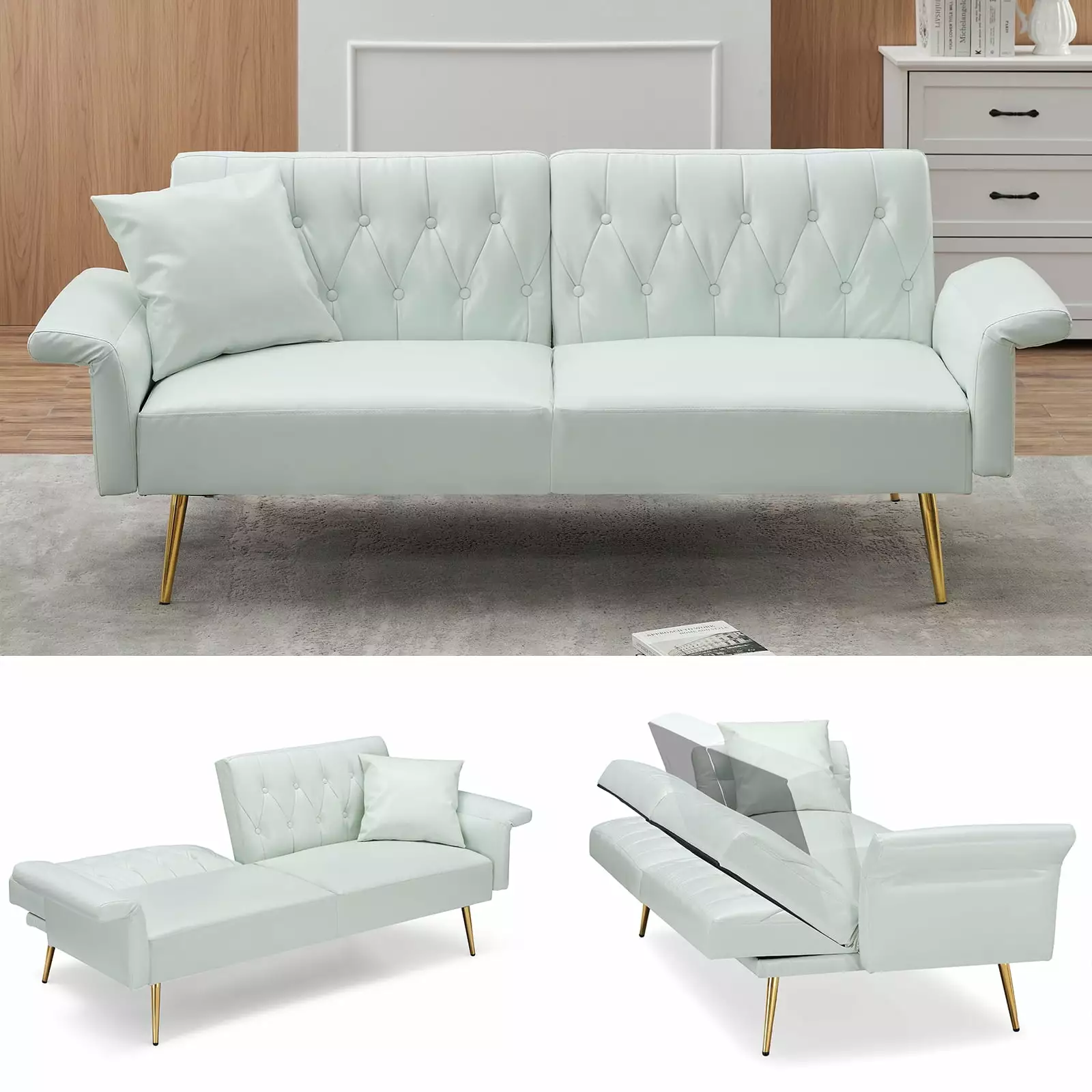 Convertible Faux Leather Sofa Bed Adjustable Armrests Light Green Futons HOMXIAOWO