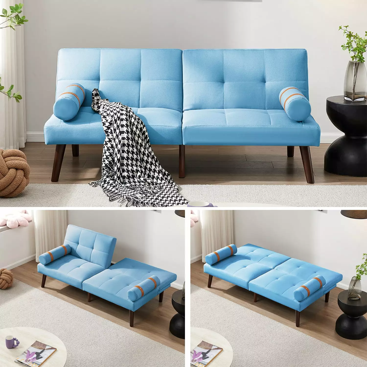 Convertible Sofa Bed Futon Solid Wood Legs Blue Linen Fabric Small Spaces Futons HOMXIAOWO