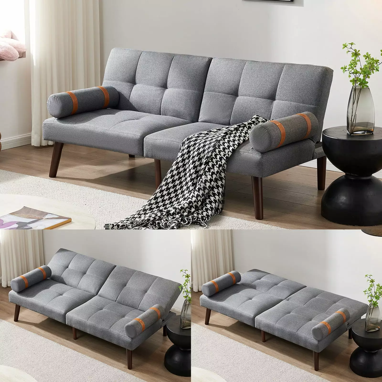 Modern Grey Convertible Sofa Bed Futon Solid Wood Legs and Linen Fabric Futons HOMXIAOWO
