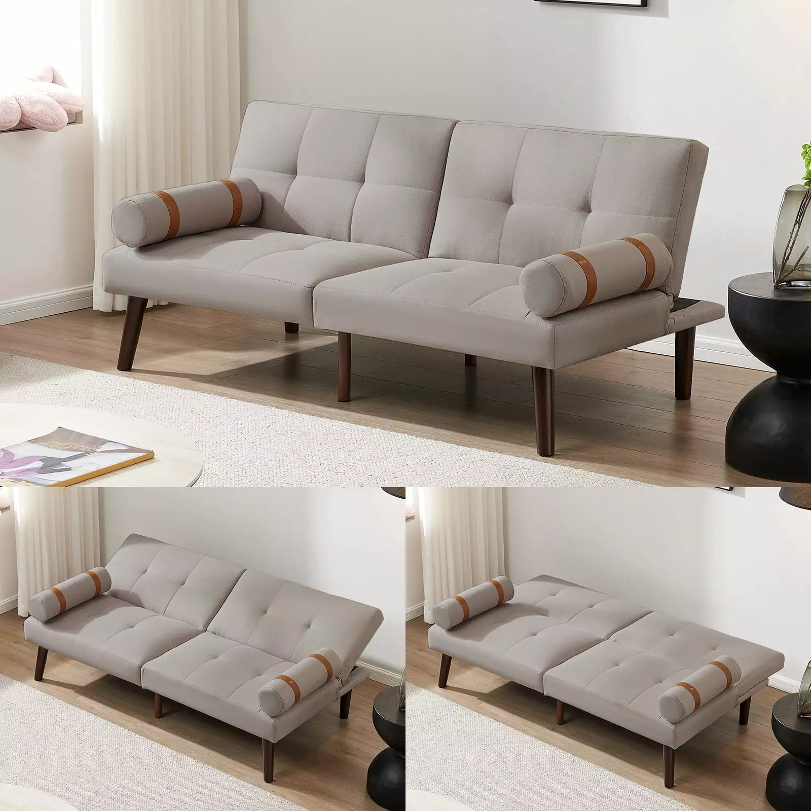Modern Light Grey Convertible Sofa Bed Futon Solid Wood Legs and Linen Fabric Futons HOMXIAOWO
