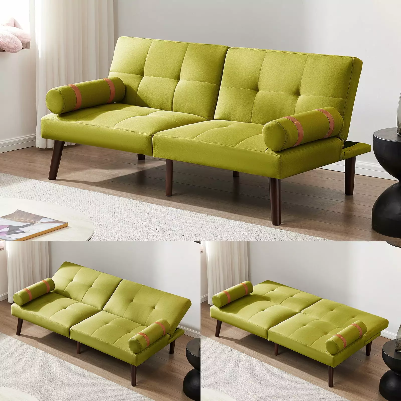 Modern Mustard Green Convertible Sofa Bed Futon Solid Wood Legs and Linen Fabric Futons HOMXIAOWO