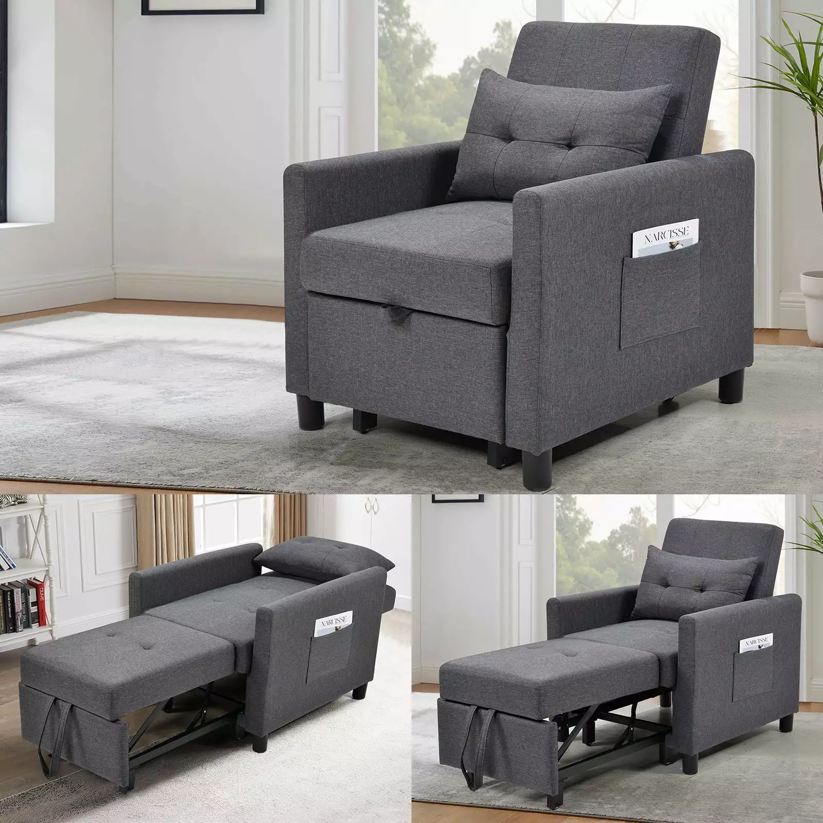 Multi Functional 3 1 Convertible Futon Sofa Bed Lumbar Pillow and Side Bag Dark Gray Futons HOMXIAOWO