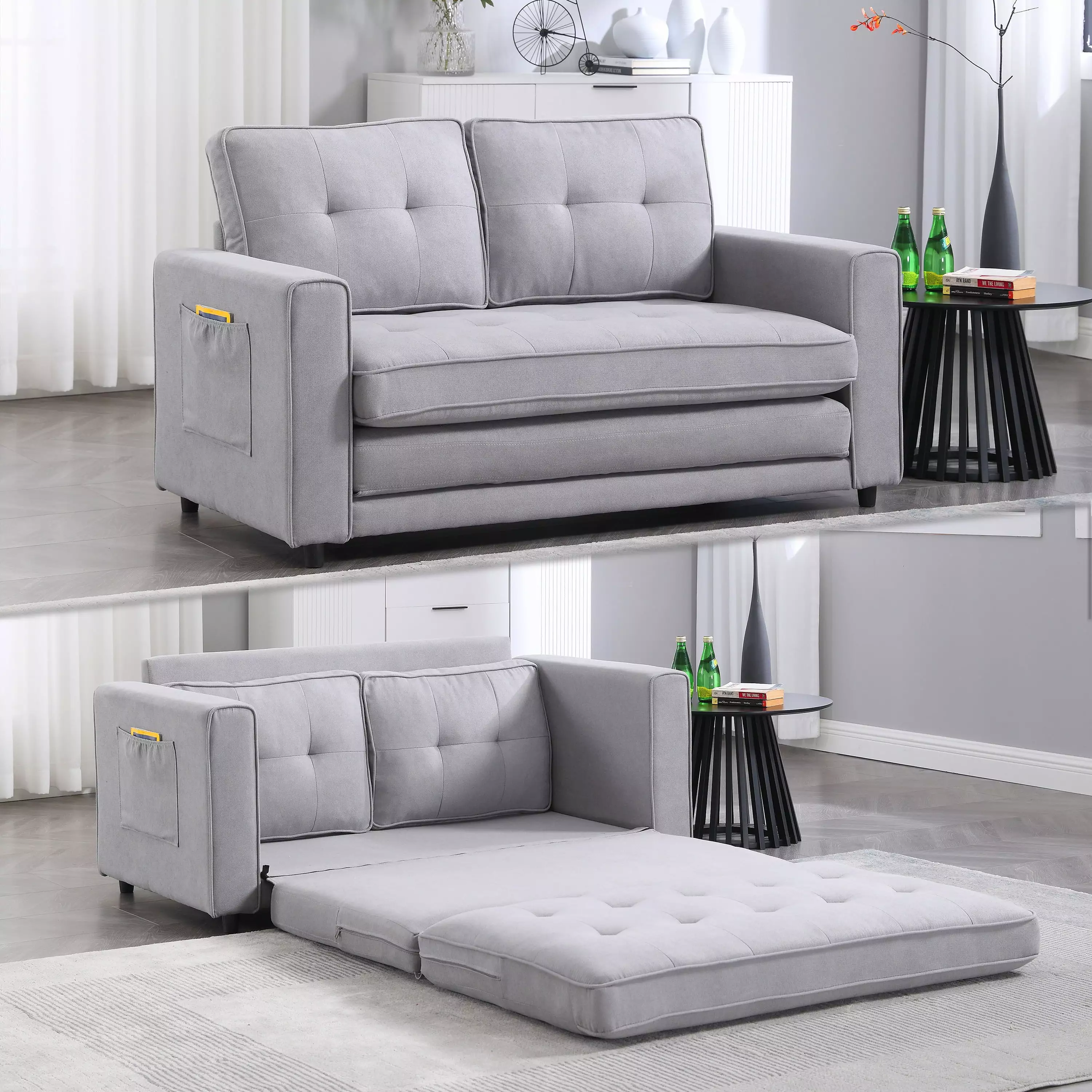 Upgraded Loveseat Sleeper Sofa Bed 2 Side Pockets Convertible 3 1 Futon Couch Futons HOMXIAOWO