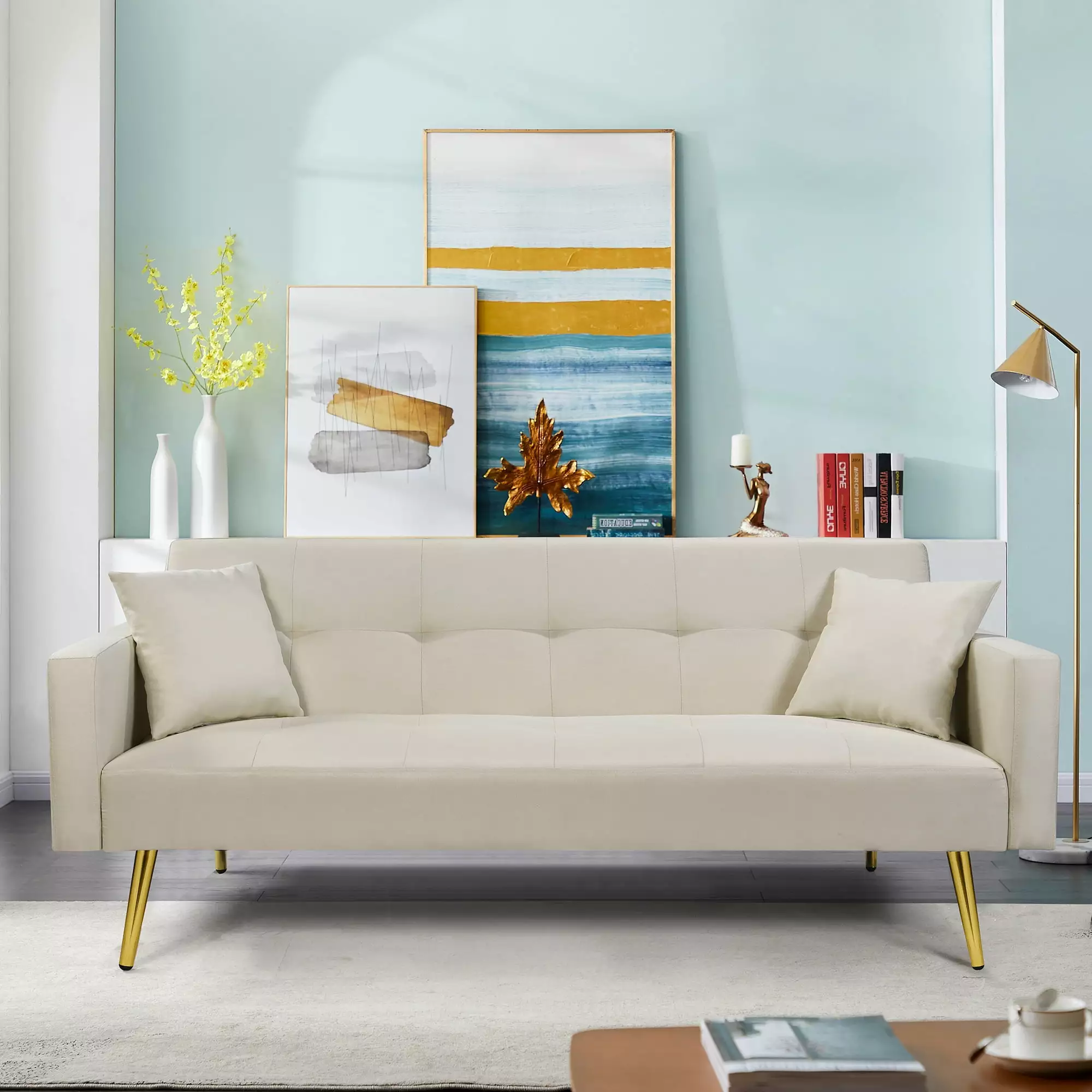 Off White Convertible Fabric Folding Futon Sofa Bed Compact Living Space Futons Miekor